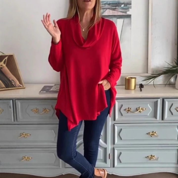 Women's fall shoulder drape tunic top with asymmetric zip hem and side pockets Mune Fashion