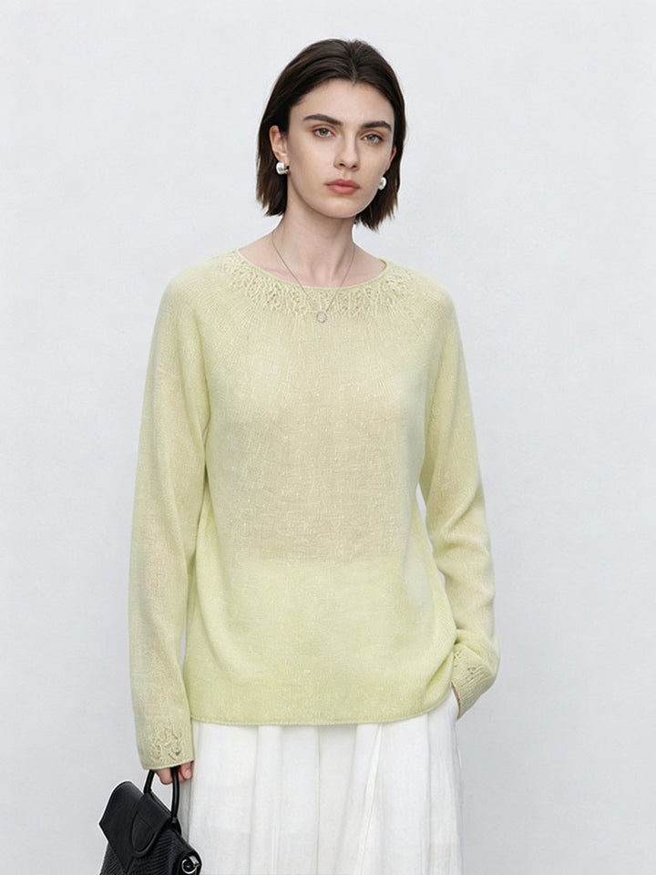 Women's Fine Round Neck Sweater with Lace Knit Detail Mune Fashion