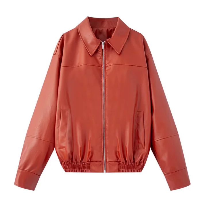 Women nan oversized smooth leather look blouson with shirt collar, all-over zipper and elastic waistband Mune Fashion