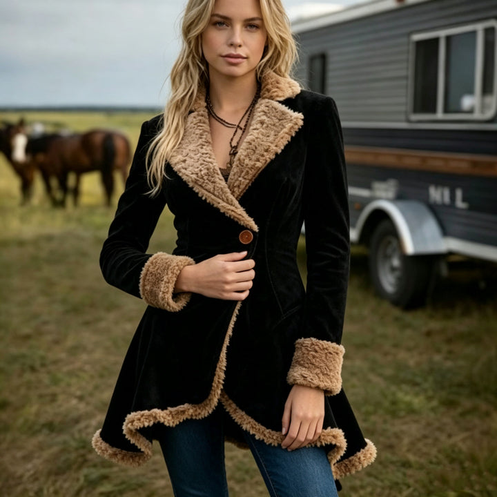 Women's tailored lambskin imitation coat with flared hem, double button closure and contrast sherpa trim Mune Fashion