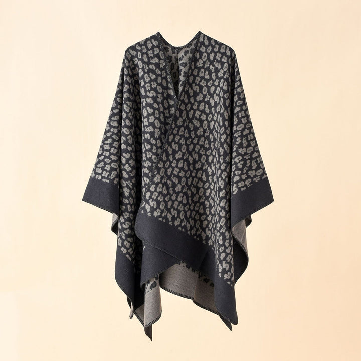 Women Wool Blend Ruana with tonal leopard jacquard and boxy kimono drape