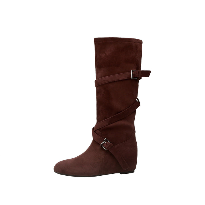 Women's Knee-High Suede Boots with Wrap Straps and Flat Wedge Heel Mune Fashion