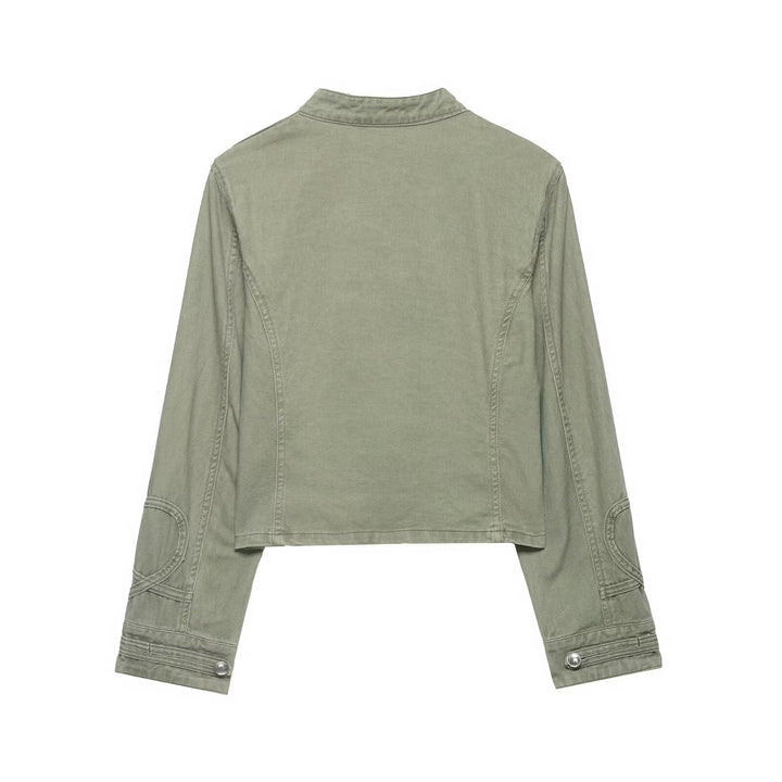 Women's cropped military jacket with stand-up collar, decorative button placket, and fitted silhouette Mune Fashion
