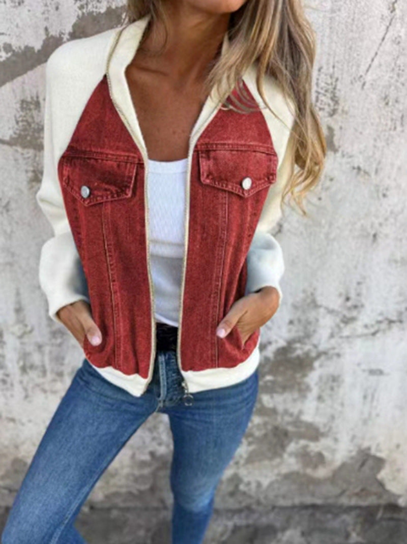 Women's Sweat-Jeans-Bomber Jacket with Raglan Sleeves, Breast Pockets, and Zipper Mune Fashion