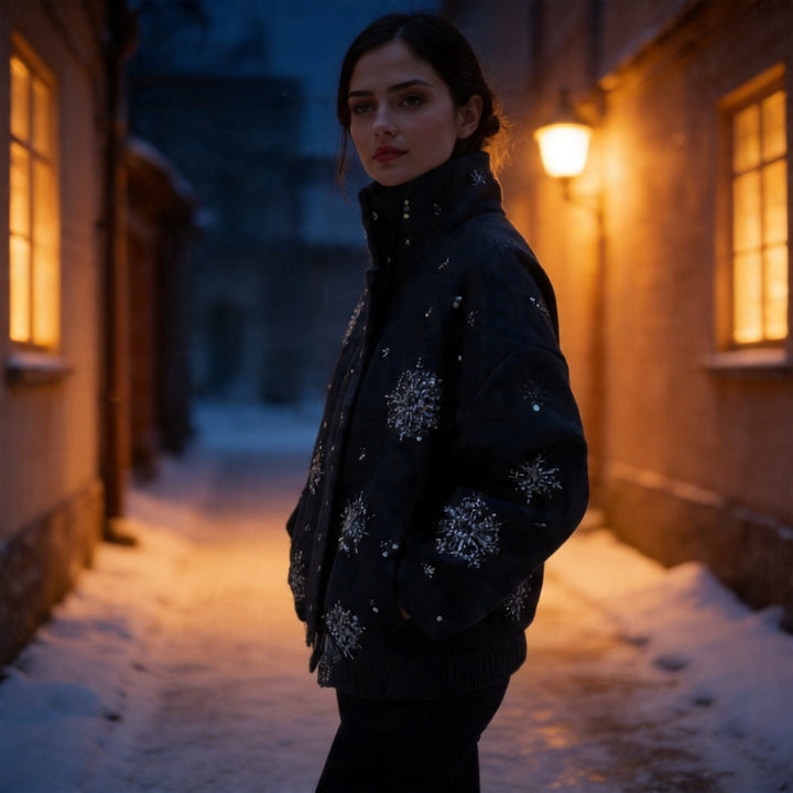 Women's short-cut wool blend coat with stand-up collar and bead sequin embroidery Mune Fashion