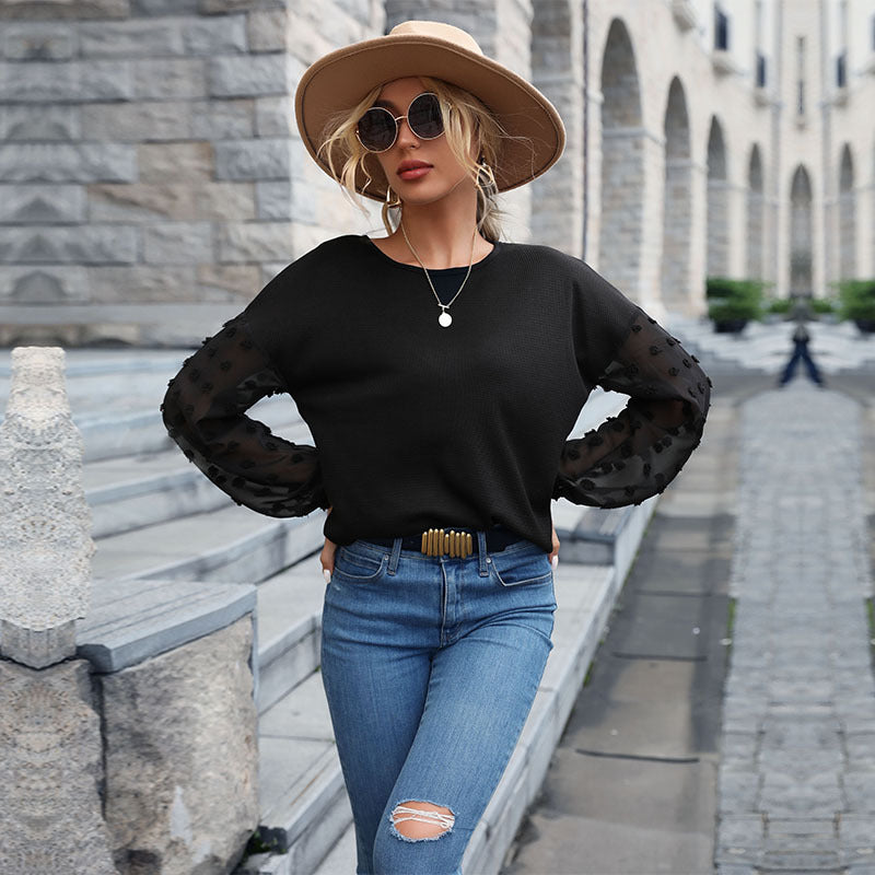 Ladies fine knit sweater with transparent chiffon sleeves and dot applications Mune Fashion