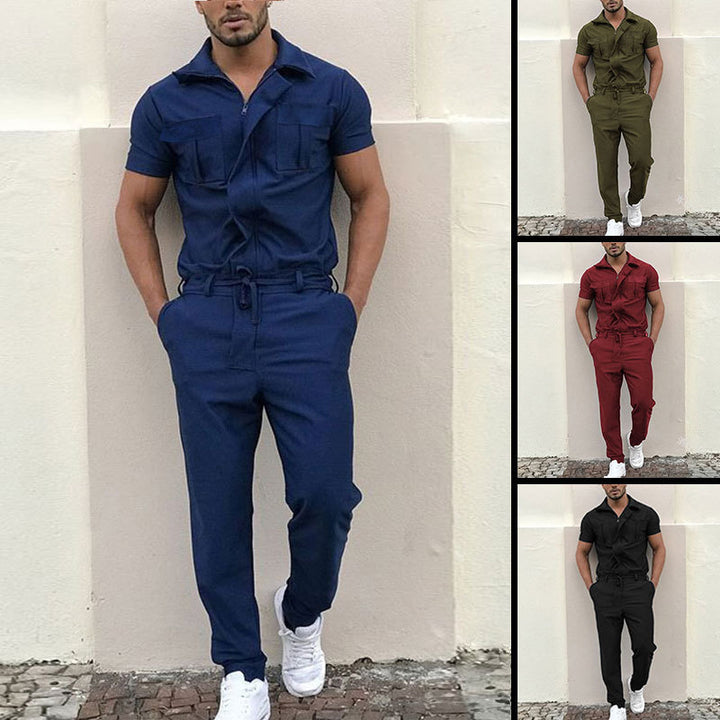 Men's short-sleeved overall work suit with concealed front closure and applied chest pockets Mune Fashion