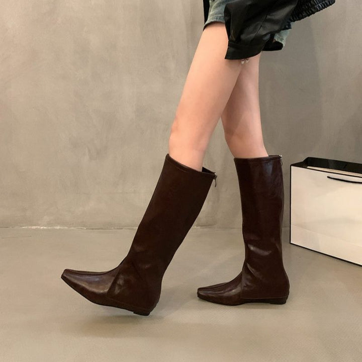 Women's Knee-Length Faux Leather Boots with Square Toe and Flat Sole Mune Fashion