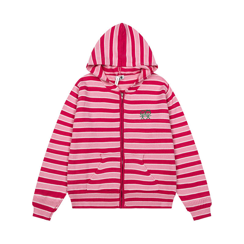 Women's Striped Hooded Cardigan with Full Zip and Pockets Mune Fashion
