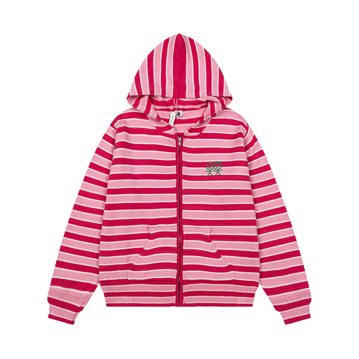 Women's Striped Hooded Cardigan with Full Zip and Pockets Mune Fashion