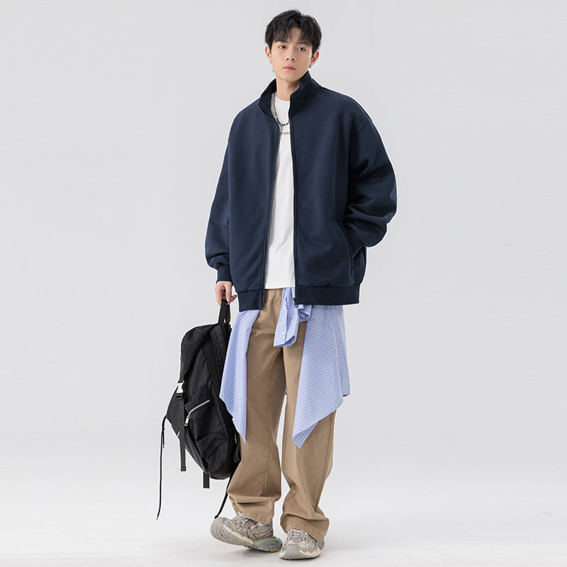 Men's Oversize Sweat Jacket with Stand-Up Collar, Full-Length Zipper and Ribbed Hem Mune Fashion