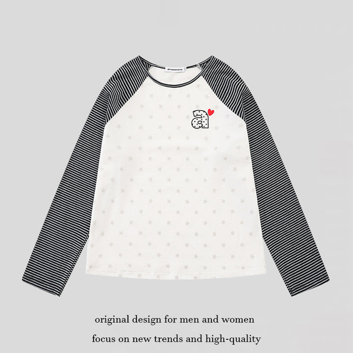 Women's raglan long sleeve shirt with striped sleeves, all-over stars and letter appliqué Mune Fashion