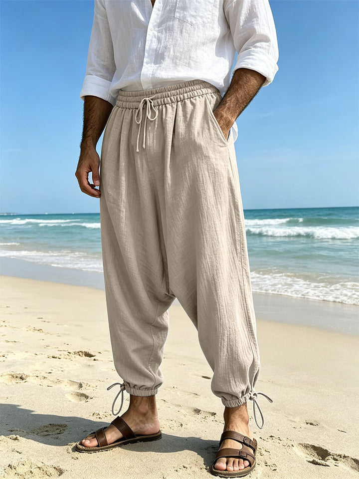 Men's Loose Linen Harem Pants with Elastic Waistband and Adjustable Ankle Cuffs Mune Fashion
