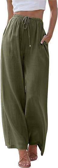 Women's wide linen pants with elastic waistband, drawstring, and side pockets Mune Fashion