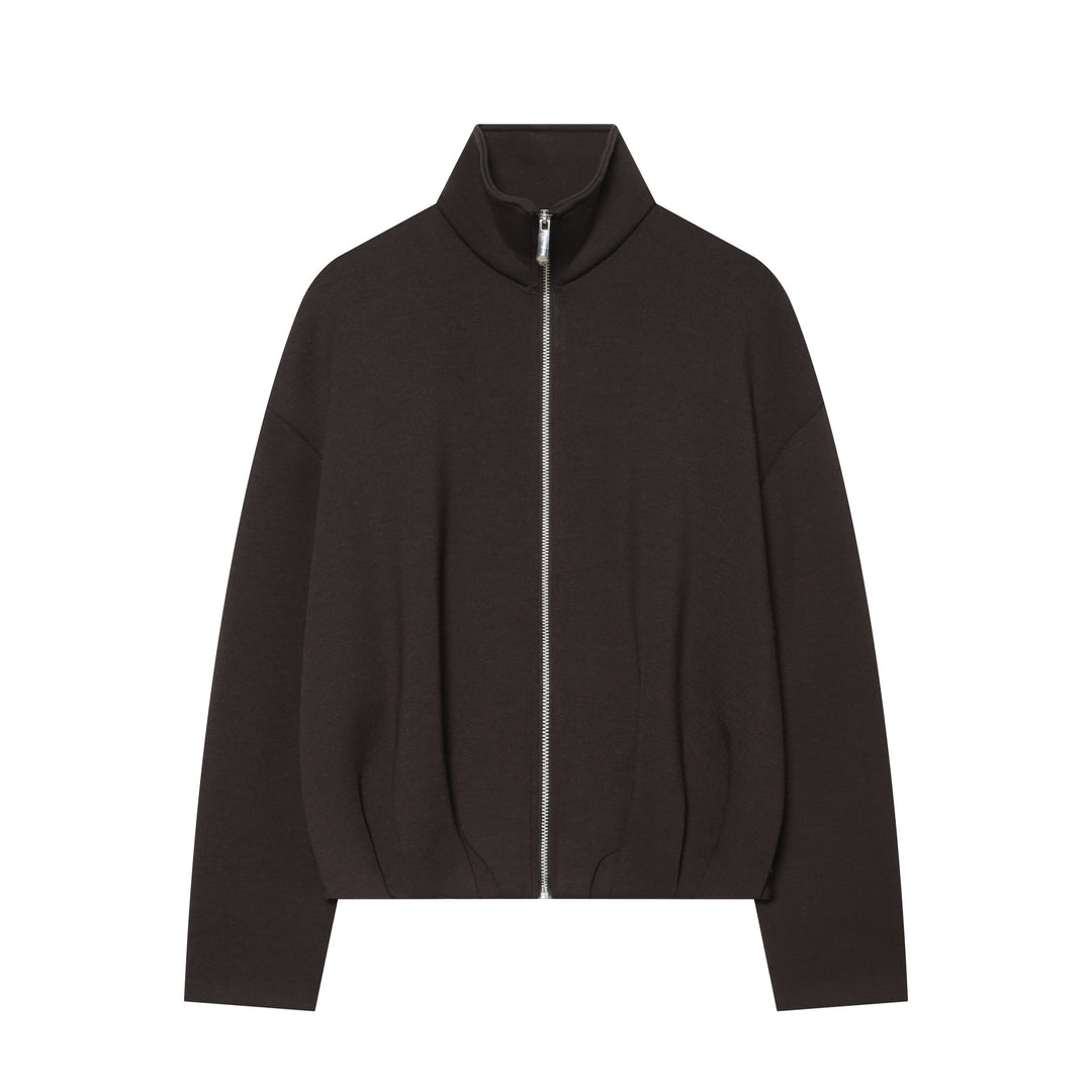 Women's cropped sweat jacket with high stand-up collar, full-length zipper and tailored drawstring hem Mune Fashion