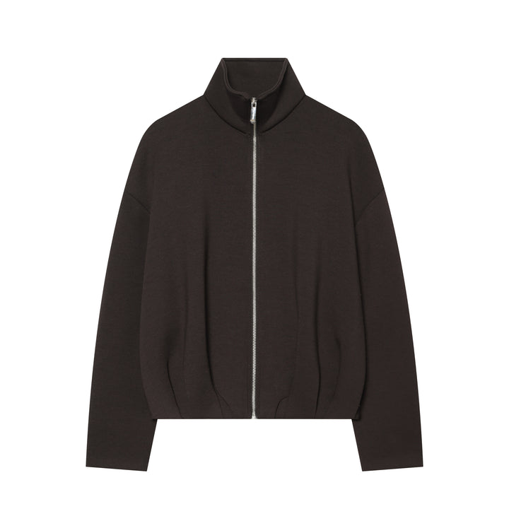 Women's cropped sweat jacket with high stand-up collar, full-length zipper and tailored drawstring hem Mune Fashion