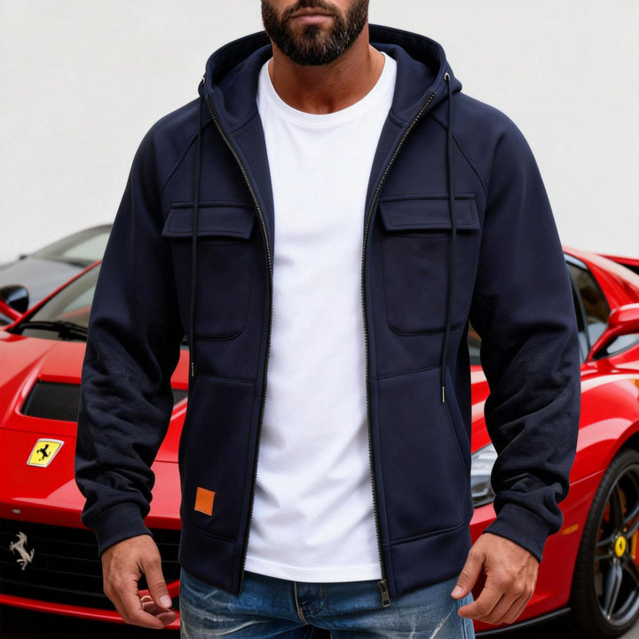 Men's hooded jacket with full zip, chest pockets and modern slim-fit silhouette Mune Fashion