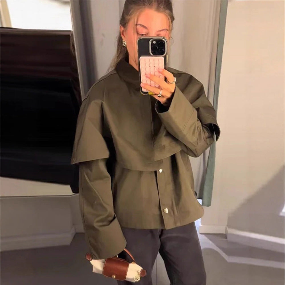Women's Short Trench Coat with Cape Overlay and Oversized Sleeves Mune Fashion