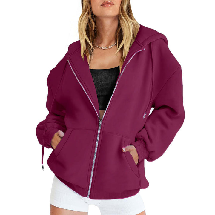 Women's Fleece Zip Jacket in Oversized Style with Hood, Kangaroo Pockets and Elastic Hem Mune Fashion