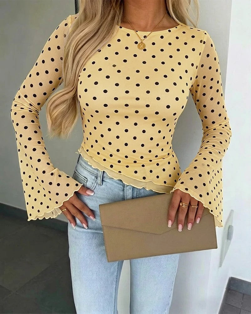 Women's Transparent Mesh Polka Dot Blouse with Tailored Fit and Bell Sleeves Drune