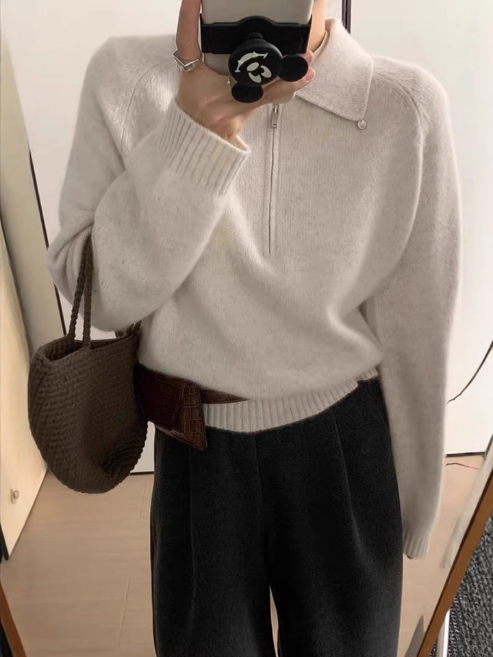 Women’s short zip polo pullover made of fluffy wool blend with boxy silhouette Mune Fashion