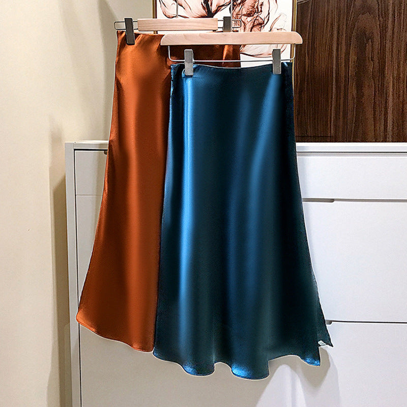 Ladies Elegant Satin Skirt with Asymmetric Slit Mune Fashion
