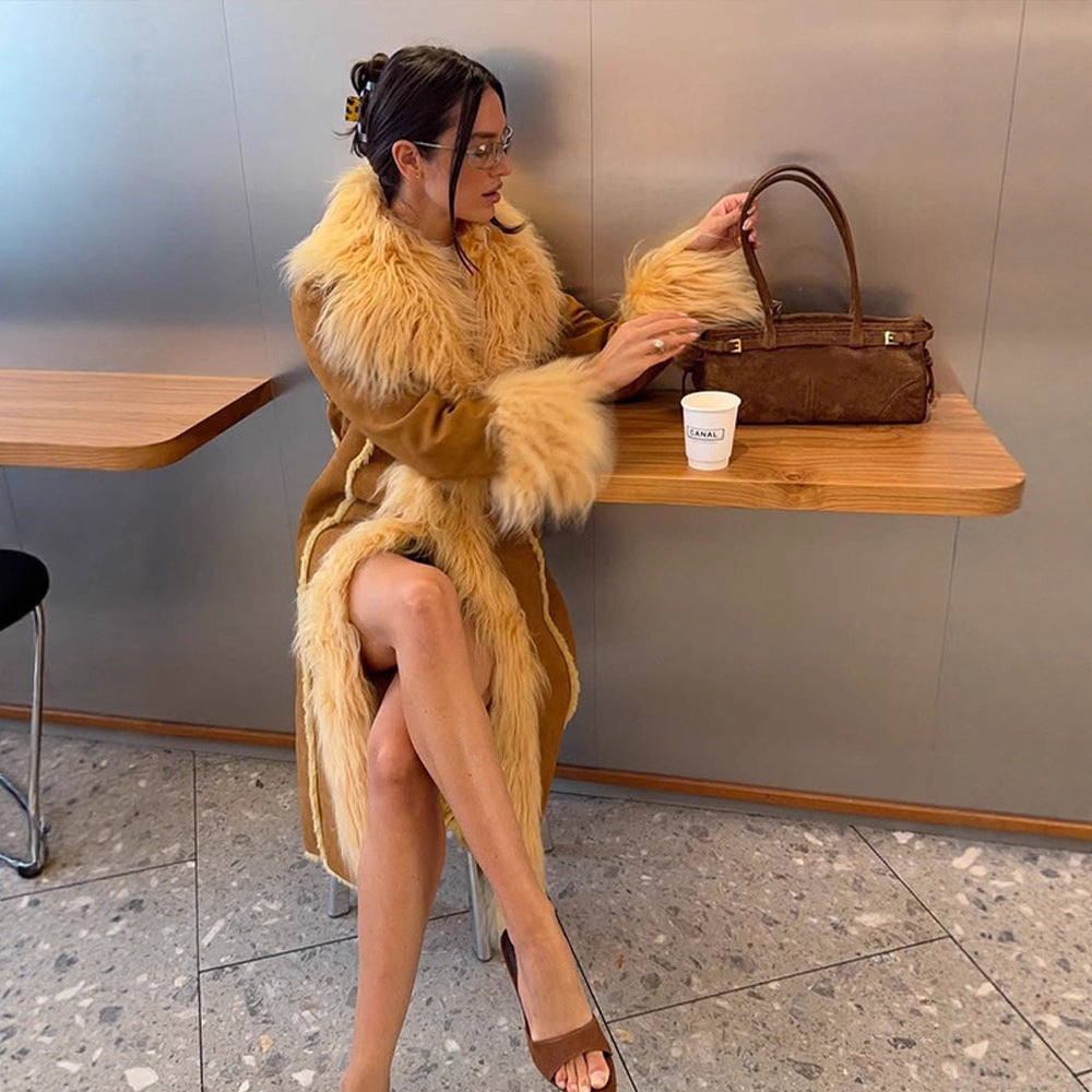 Women Long Shearling Imitation Coat with Voluminous Shawl Collar and Plush Cuffs Mune Fashion