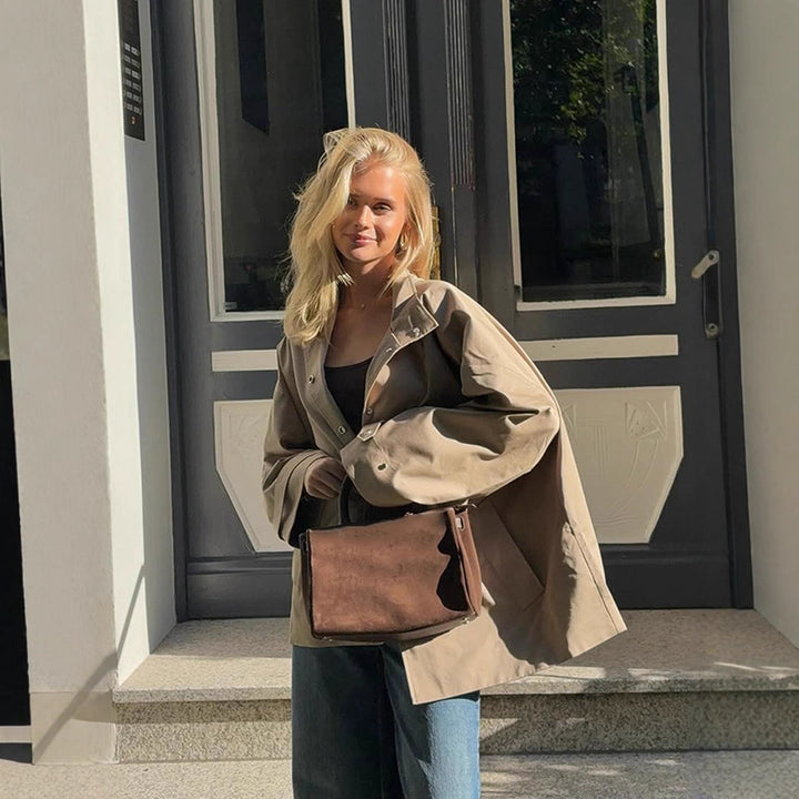Women's oversized short coat in trench look with boxy silhouette and concealed snap button placket Mune Fashion