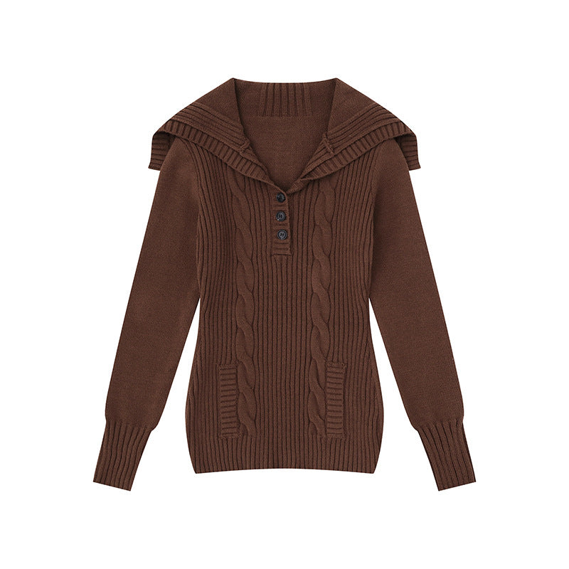 Women's knit sweater with cable pattern, shawl collar and button placket Mune Fashion