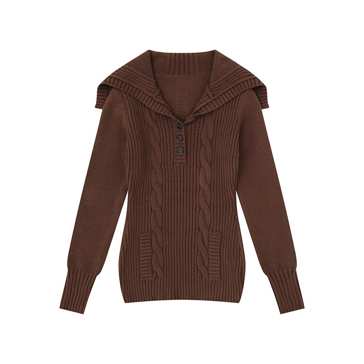 Women's knit sweater with cable pattern, shawl collar and button placket Mune Fashion