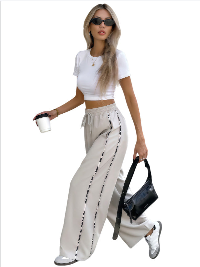 Women's Wide High-Waist Lounge Pants with Drawstring and Contrasting Side Stripes Mune Fashion