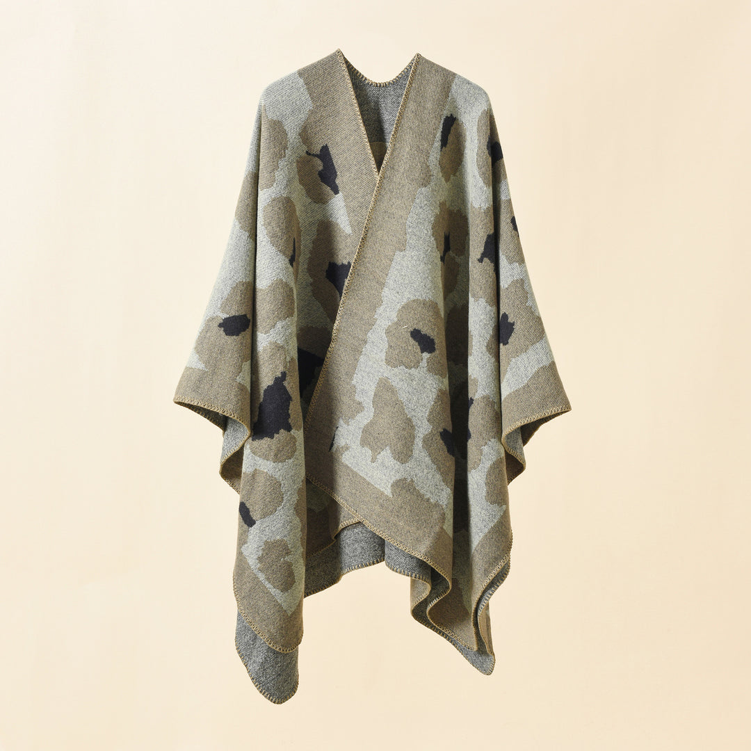 Women's Oversize Knit Ruana with Graphic Jacquard and Decorative Stitch Mune Fashion