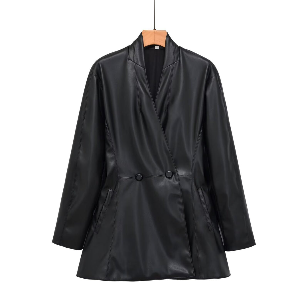 Women's tailored double-breasted faux leather midi coat with shawl collar and patch pockets Mune Fashion