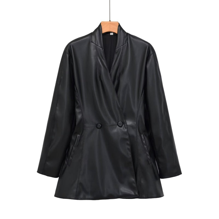 Women's tailored double-breasted faux leather midi coat with shawl collar and patch pockets Mune Fashion