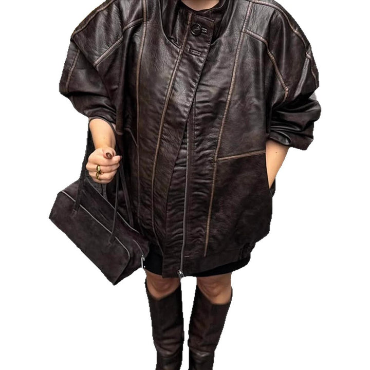 Women Oversize Faux Leather Coat with Distinct Decorative Seams and Stand-Up Collar Mune Fashion