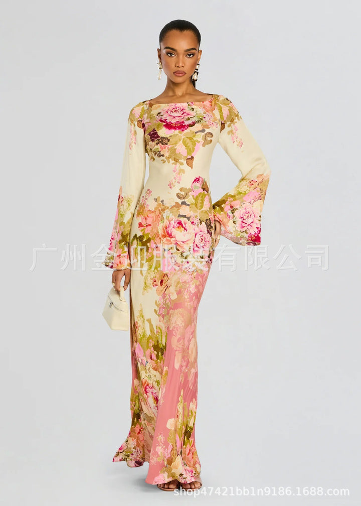 Women's long evening dress with trumpet sleeves and floral pattern Mune Fashion