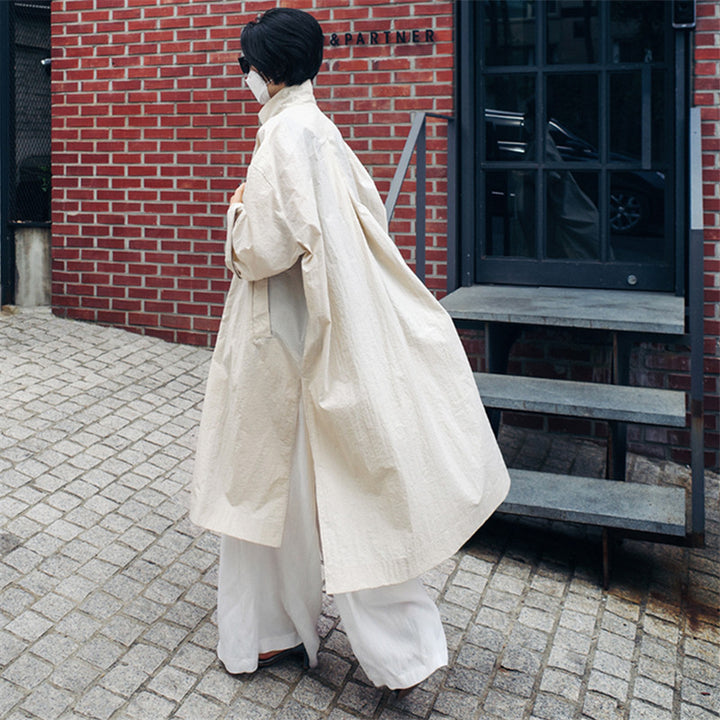 Ladies Lightweight Long Duster in Crinkle Look with Stand Collar, Deep Side Slits and Pockets Mune Fashion