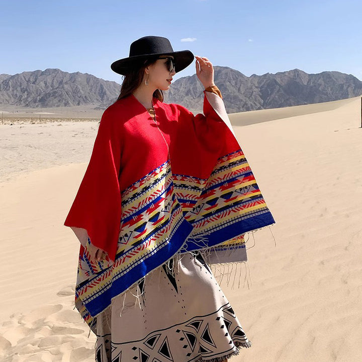Women's Oversize Reversible Poncho made of Wool Blend with Ethno Jacquard and Fringe Hem Mune Fashion
