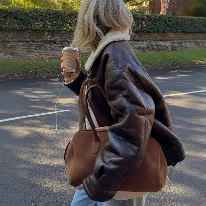 Women's Oversize Pilot Jacket made of Faux Leather with Teddy Lining and Wide Cut Mune Fashion