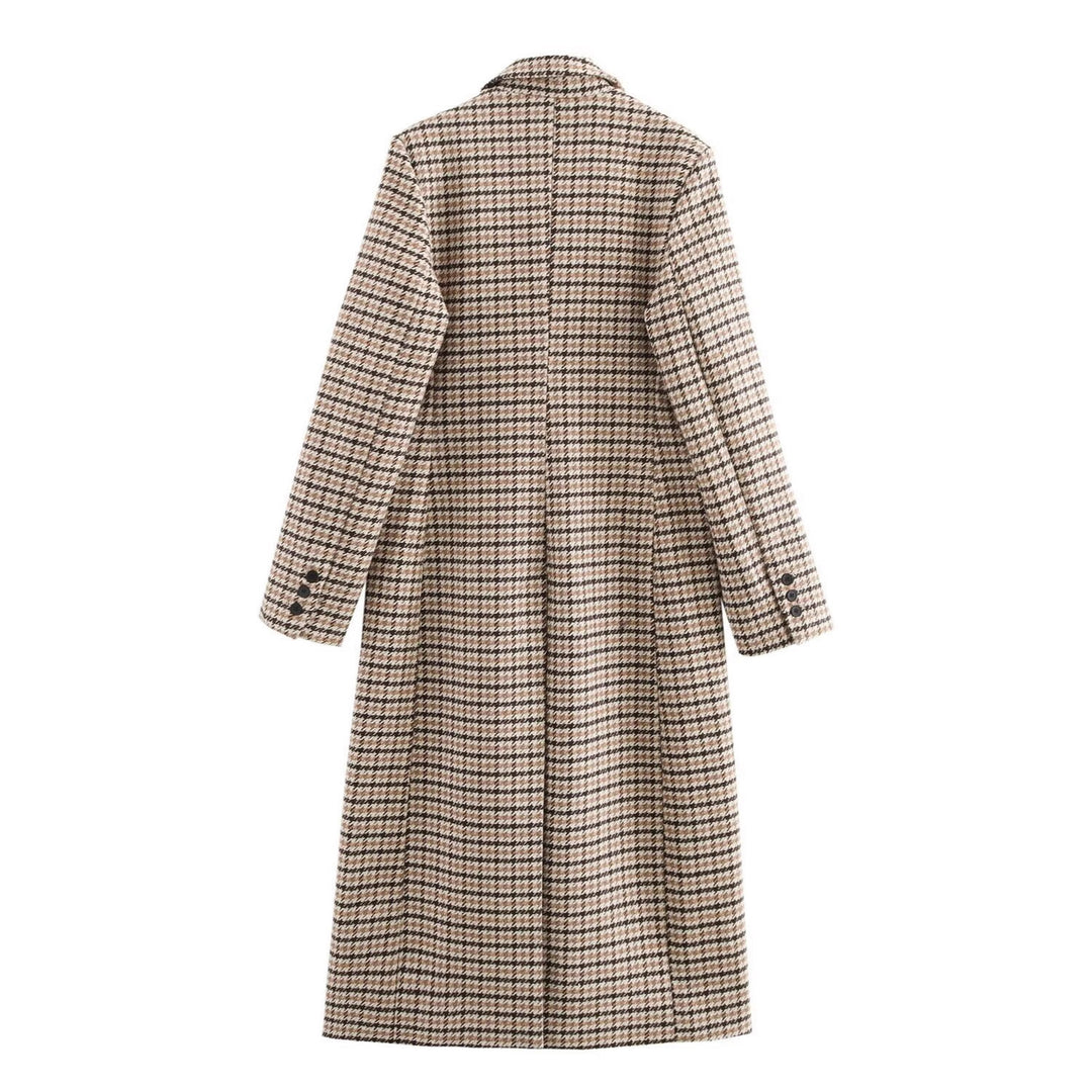 Women Long Houndstooth Coat with Lapel Collar, Two-Button Closure and Flap Pockets Mune Fashion