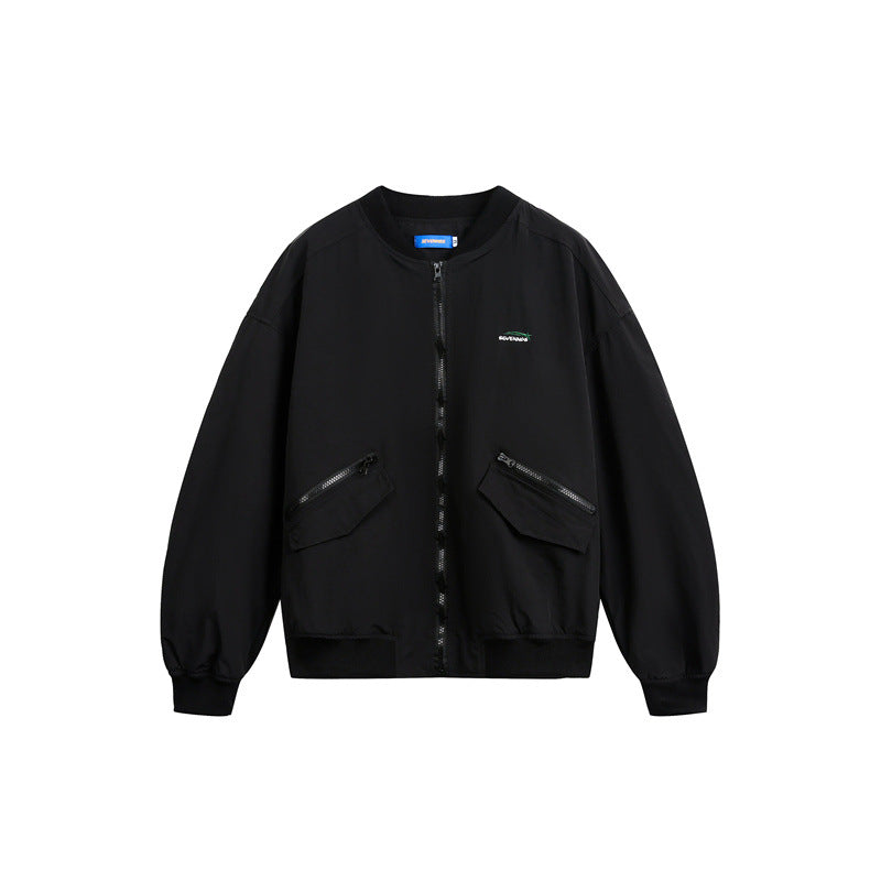 Unisex short cut lightweight nylon bomber jacket with utility pockets and ribbed hem Mune Fashion
