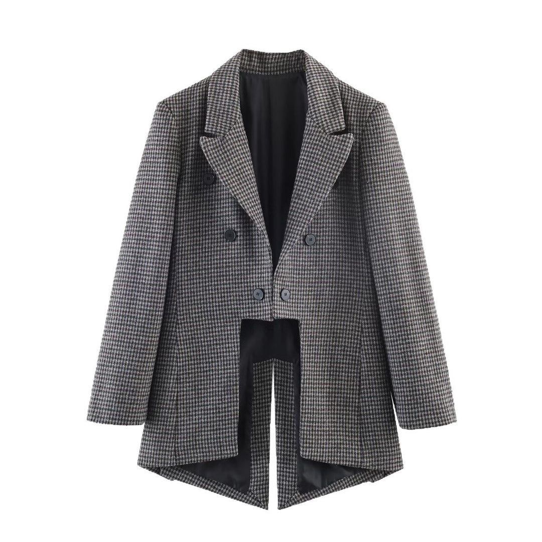 Women Double-Breasted Houndstooth Long Blazer with Tailcoat Hem Mune Fashion