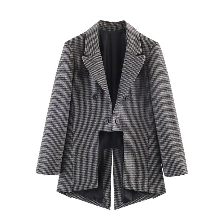 Women Double-Breasted Houndstooth Long Blazer with Tailcoat Hem Mune Fashion