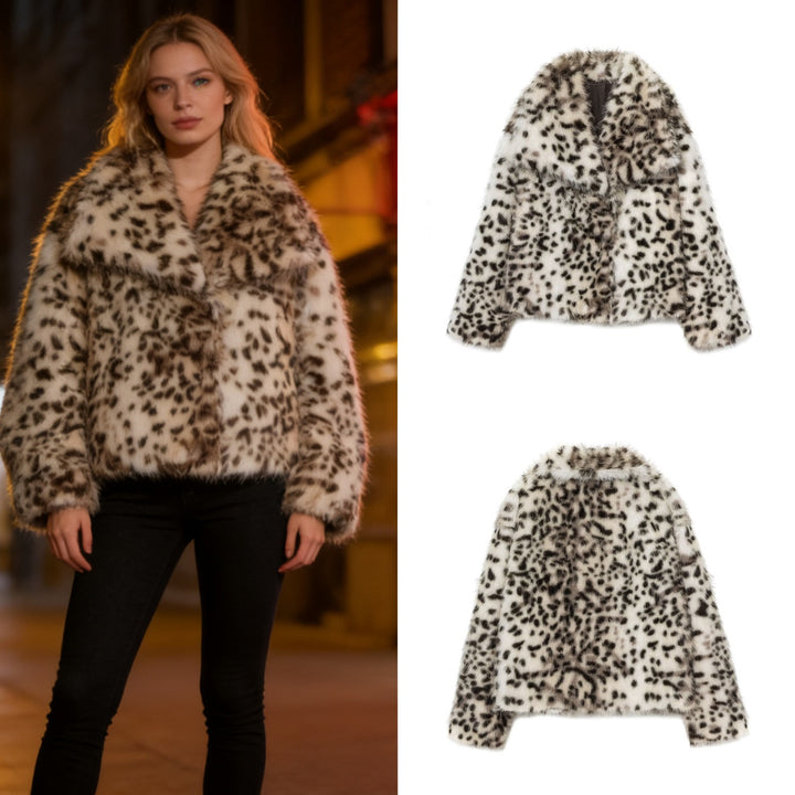 Ladies short jacket made of faux fur with leopard print and voluminous shawl collar Mune Fashion