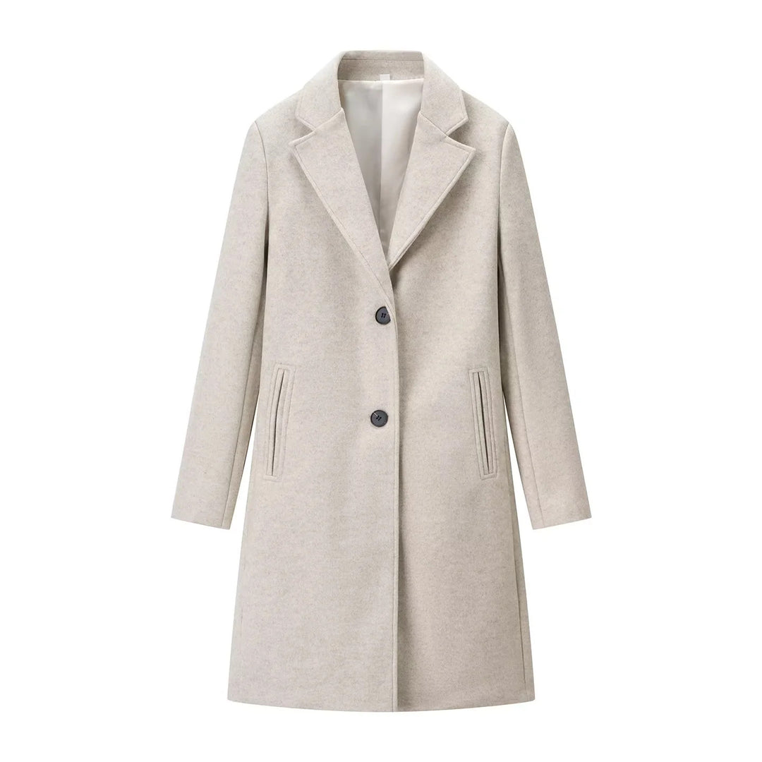 Women's knee-length single-breasted wool blend coat with lapel collar and welt pockets Mune Fashion