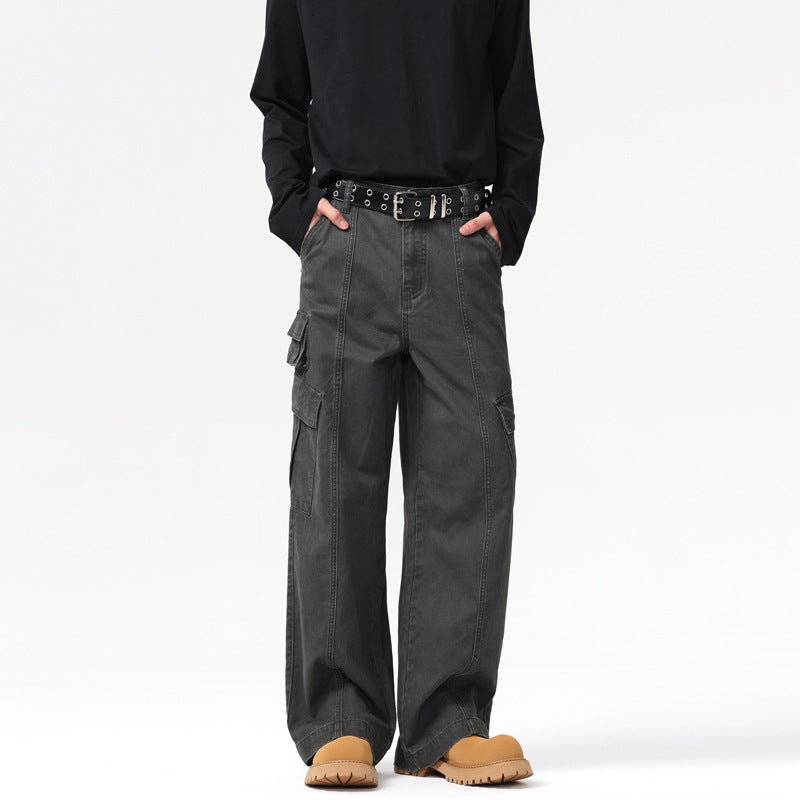 Men's Wide Canvas Cargo Pants in Utility Look with Multiple Pockets and Distinctive Seam Panels Mune Fashion