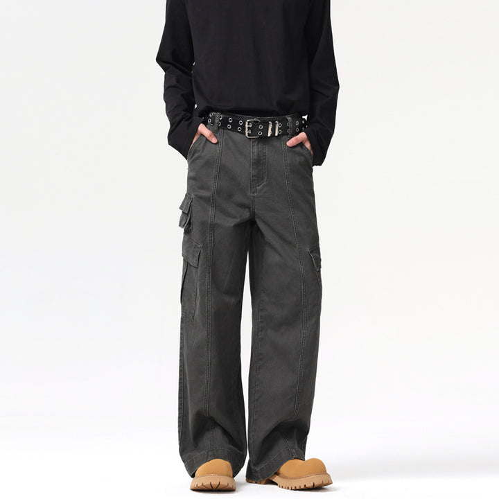 Men's Wide Canvas Cargo Pants in Utility Look with Multiple Pockets and Distinctive Seam Panels Mune Fashion