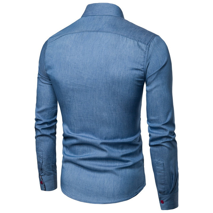 Men's Slim-Fit Denim Shirt with Chest Pocket and Checked Collar Lining Mune Fashion