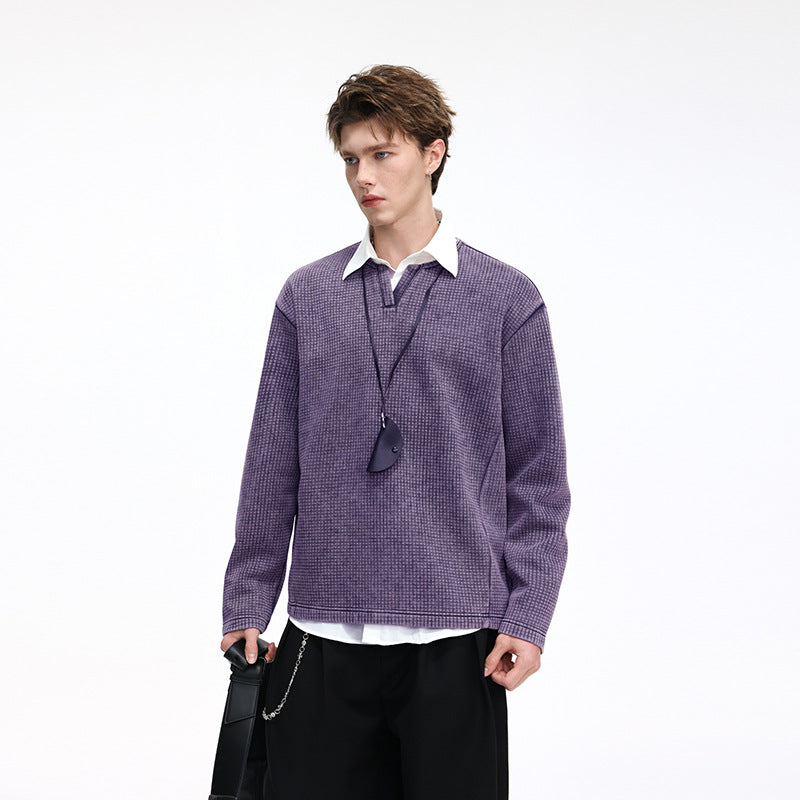 Men's waffle knit long sleeve with V-slit collar and relaxed fit Drune