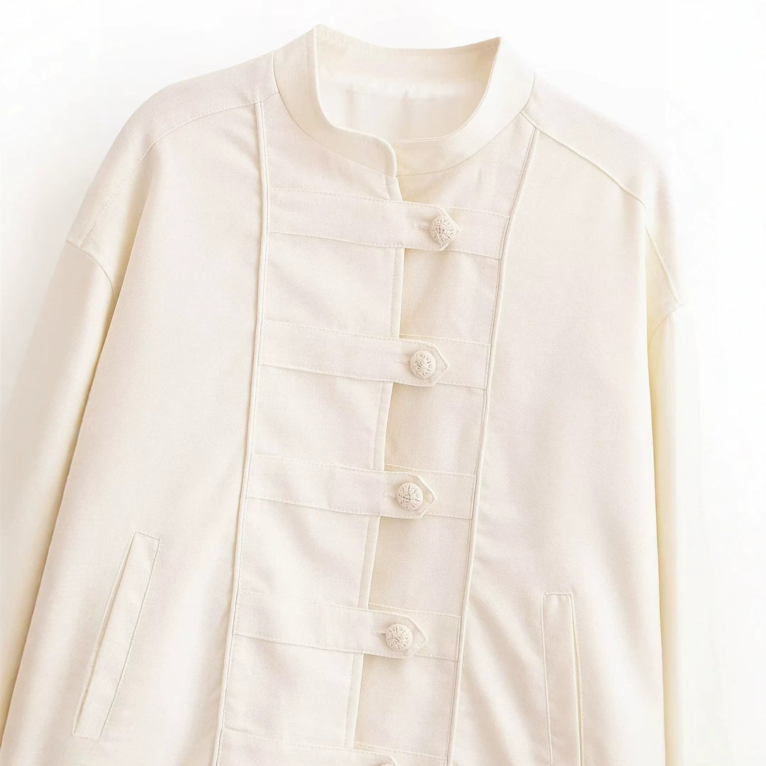 Women's short jacket in Chinese cut with stand-up collar and decorative knot buttons Mune Fashion